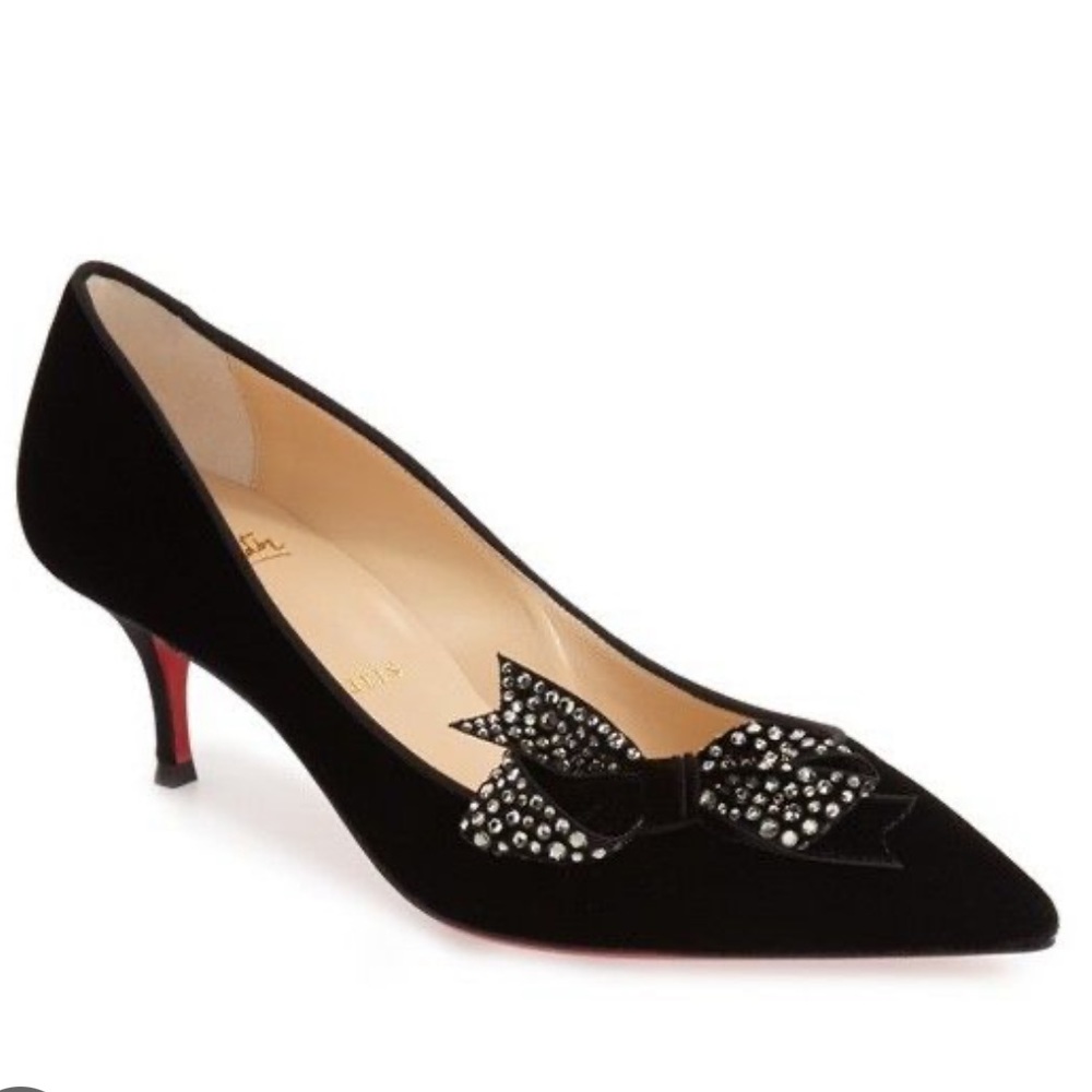 Christian Louboutin Black Velvet "Mlle Menule 55 " Jeweled Bow